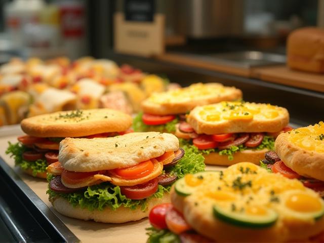 Une sélection de sandwichs et salés sur un comptoir de boulangerie